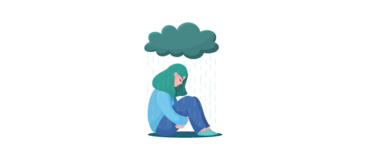 Depressed woman sitting under a rain cloud